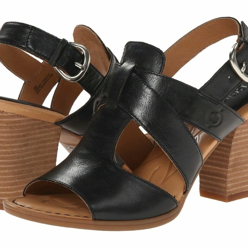 Born  Elly Black Leather Strappy Stack Heel Dress‎ Sandals Sz 7